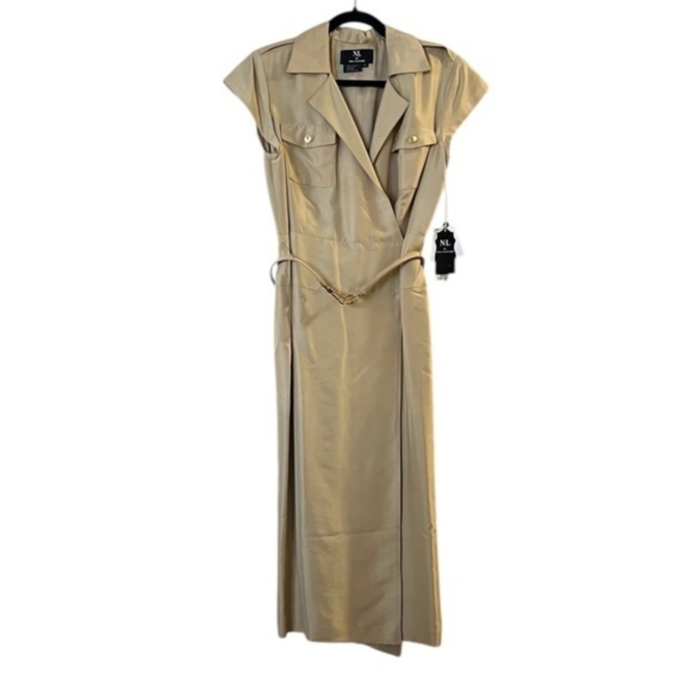 NWT! NL Nina Leonard- Belted 100% Silk Bamboo Tan Wrap Midi Dress, 8